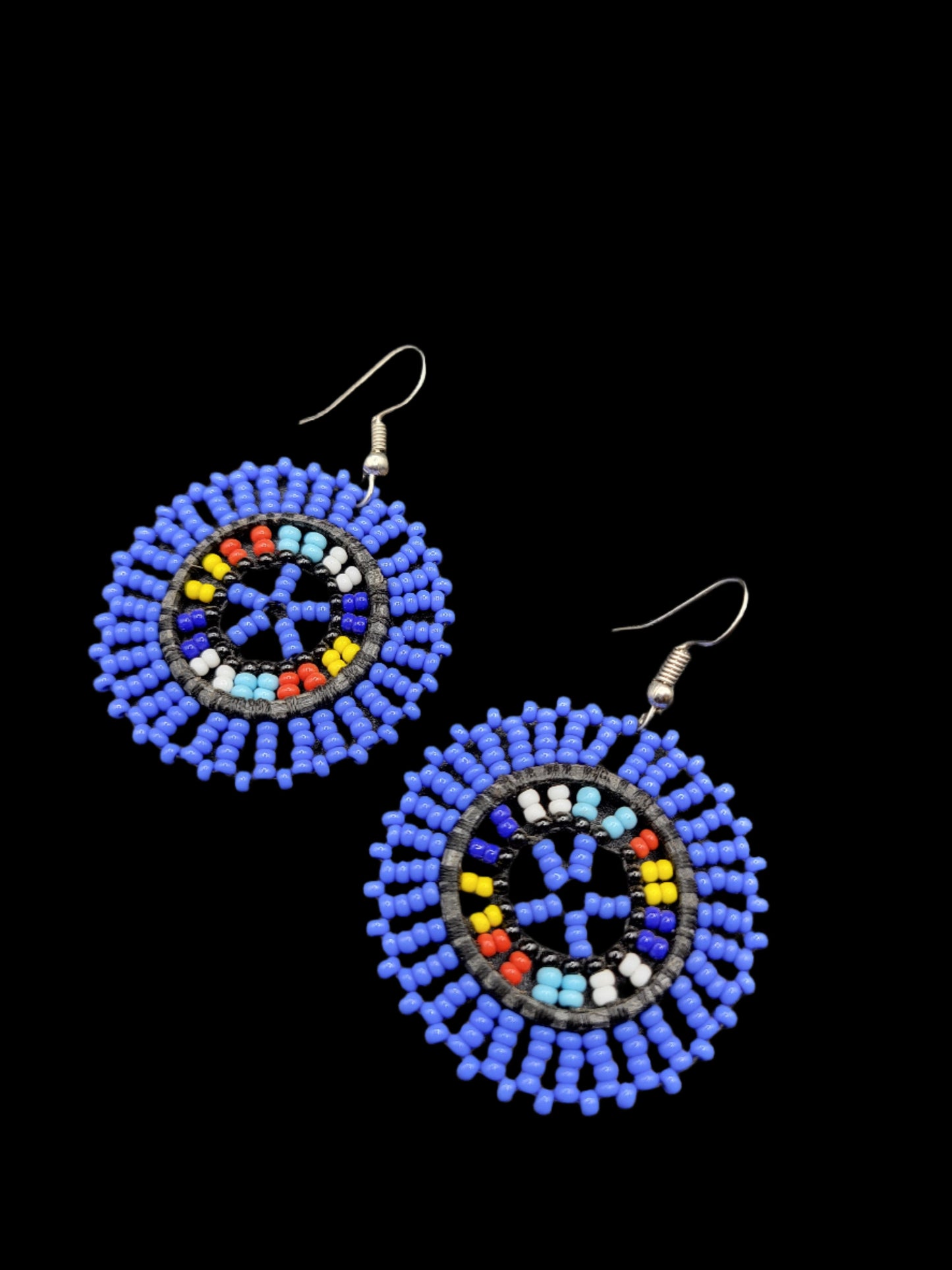 Beaded Blue Round Earrings Silver Hook