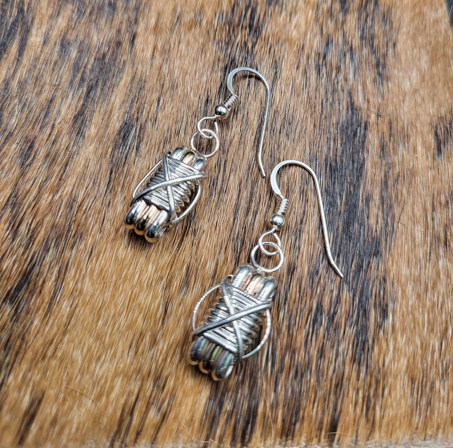 Elephant Hair Silver and Gold Dangle Earrings Top View