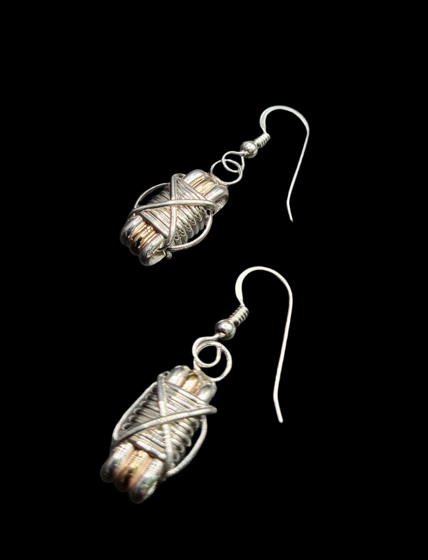 Elephant Hair Gold Silver Dangle Earrings On Dark Background
