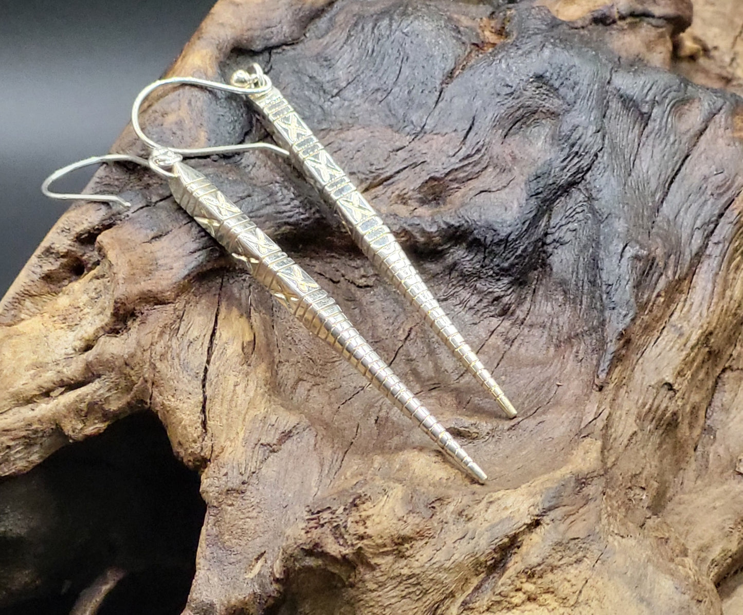 African Design Silver angle Earrings on Wood