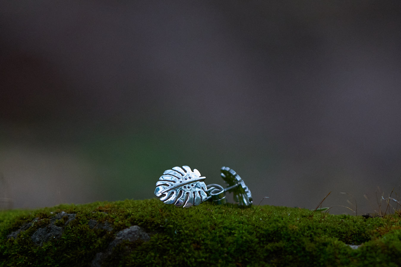 Silver Leaf Stud Earrings Side View