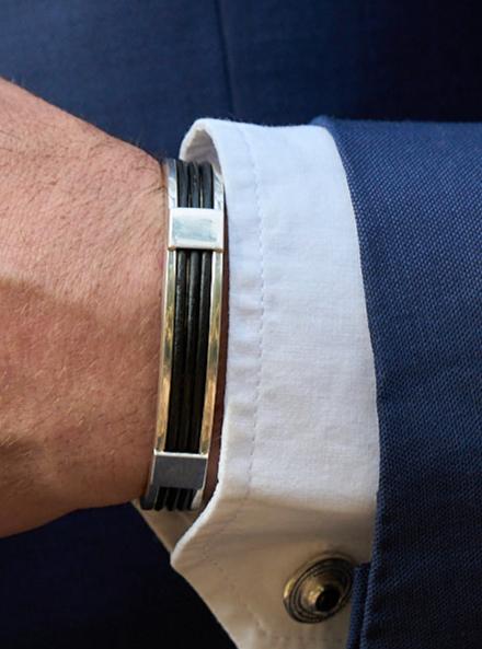 Leather Silver Mens Cuff Bangle In Use